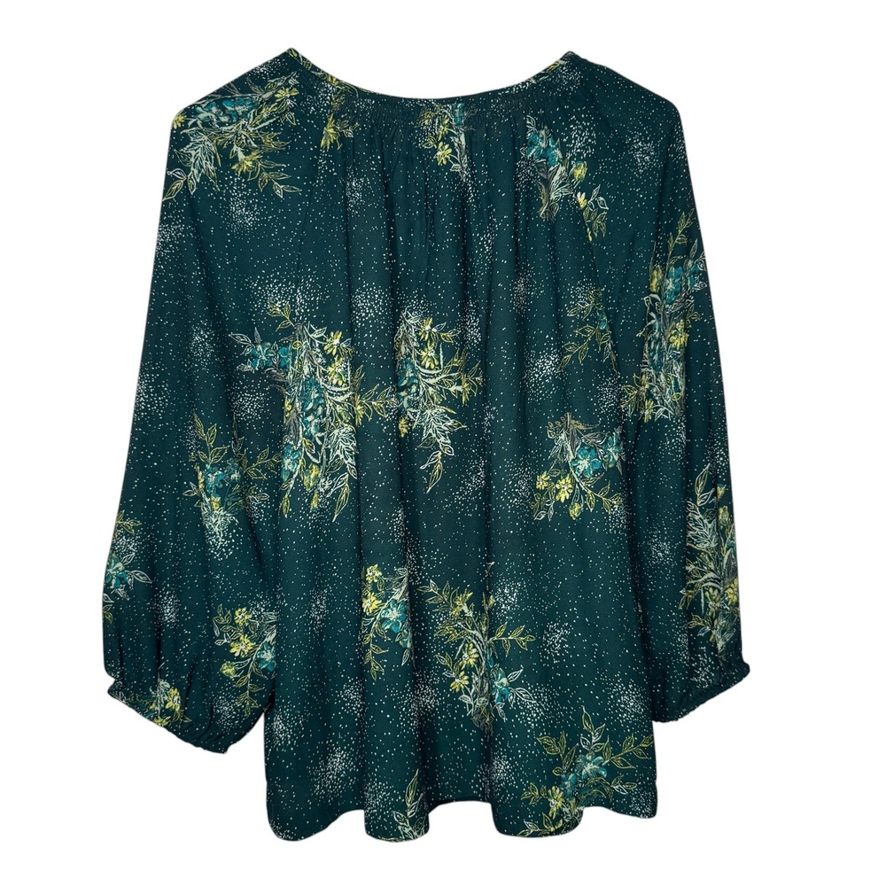 Kaari Blue Curvy Green Floral Blouse Womens 0X Smocked Neck Keyhole Long Sleeve - Picture 2 of 11